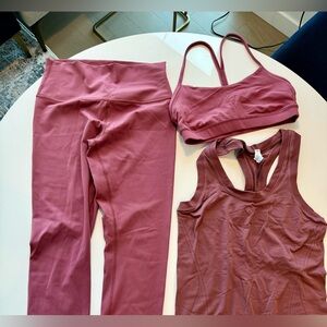 Lululemon 3 Piece Mauve Set - Leggings, Shirt, Bra